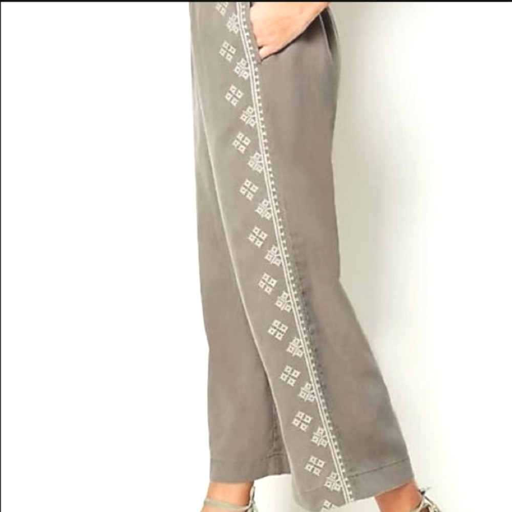 Pure Jill Embroidered Full-Leg Crop Lagenlook Lyocell Pants Caper Women's Small